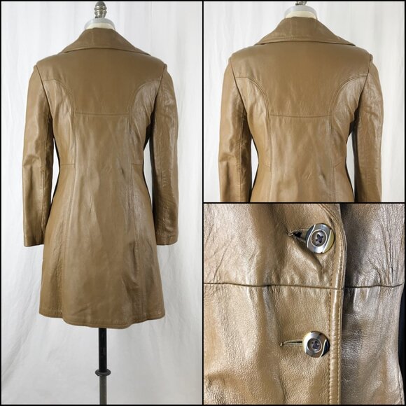 Vintage 70s Leather Jacket Brown Knee length Big Lapel - Picture 6 of 9